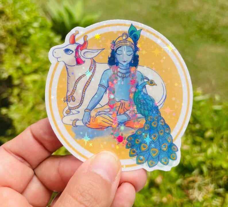 Krishna with Surabhi Cow and Tandavika peacock vinyl sticker